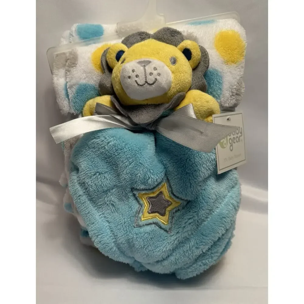 Baby Gear Lion Fleece Baby Blanket and Lovey Gift‎ Set Blue Yellow White New